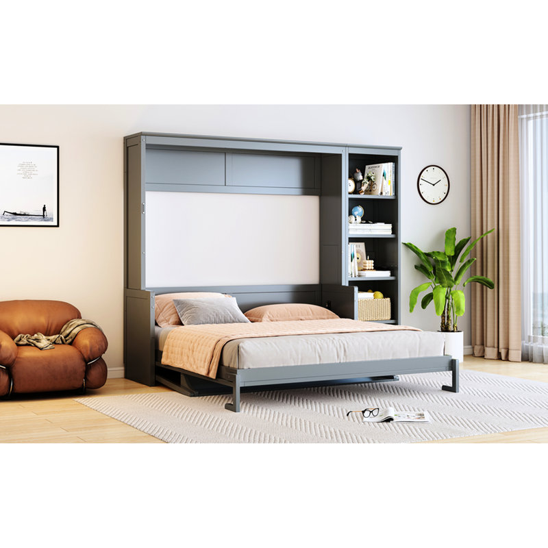 Grey Queen Bed With Integrated Desk And Shelf Compartments, Pine , Easy Fold For Space Utilization, No Box Spring Book Storage Materials, Space Design, Multiple Options