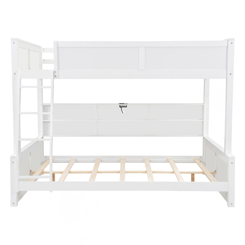 Lit superposé avec armoires de rangement et ports USB, blanc antique, Lit double, Blanc antique