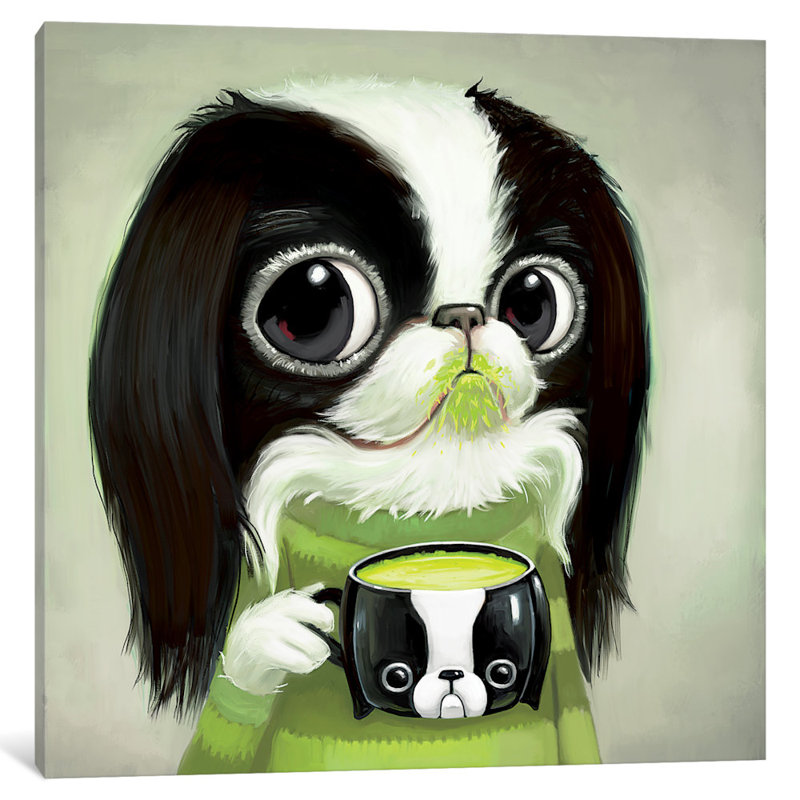 « japanese mentons sip matcha latte », reproduction d’art sur toile tendue, H 18 po x l 18 po x P 1,5 po