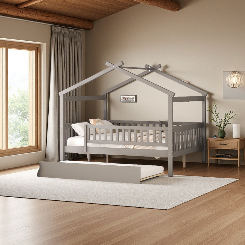 Lit en bois avec couchette, Gris, Double