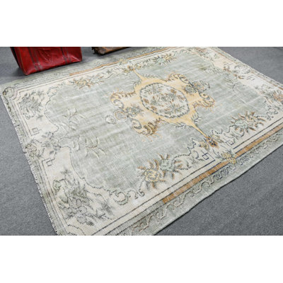 Tapis Oushak turc rétro fait à la main avec motif gris et jaune, idéal pour la décoration de salon