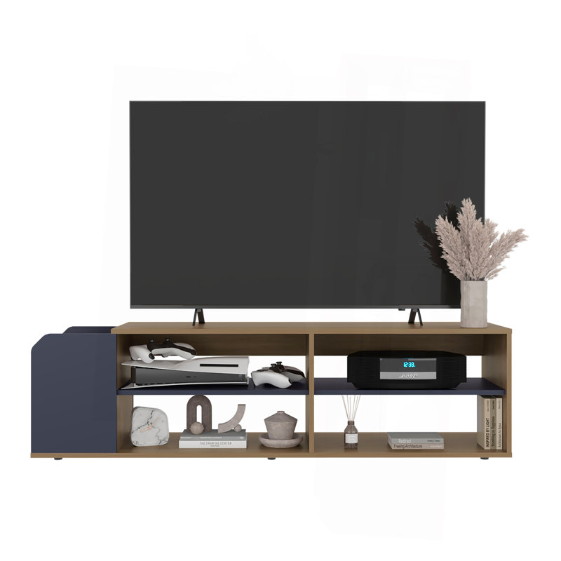 Meuble télé moderne, console de divertissement avec tablettes ouvertes, bleu marine et chêne naturel
