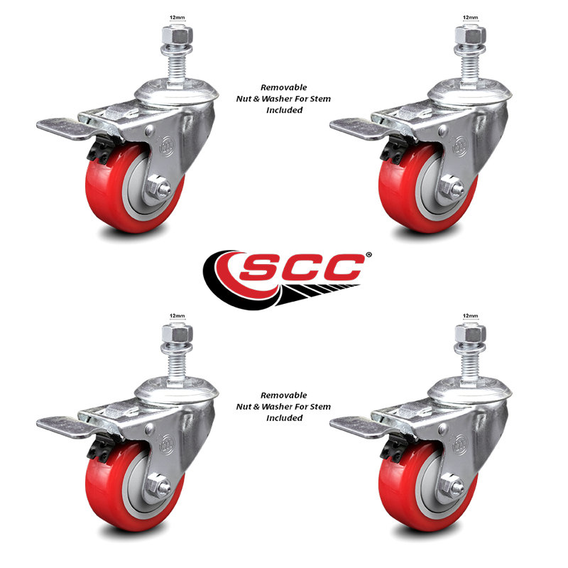 Ensemble de roulettes à tige pivotante en polyuréthane de 12 mm avec frein à verrouillage total