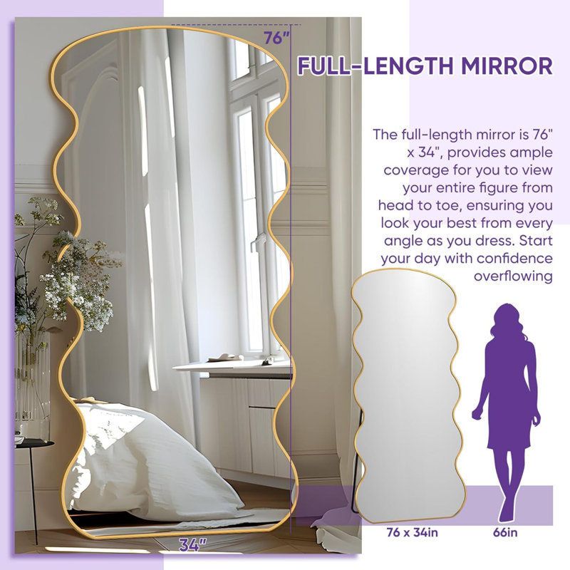Full Length Wavy Mirror, 76"x34", Freestanding or Wall Mounted, Modern Mirror with Stand, for Bedroom, Living Room, or Cloakroom