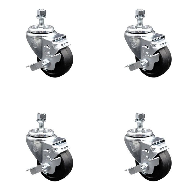 Ensemble de roulettes à tige filetée pivotante de 3,5 po avec roues en caoutchouc de 12 mm avec frein