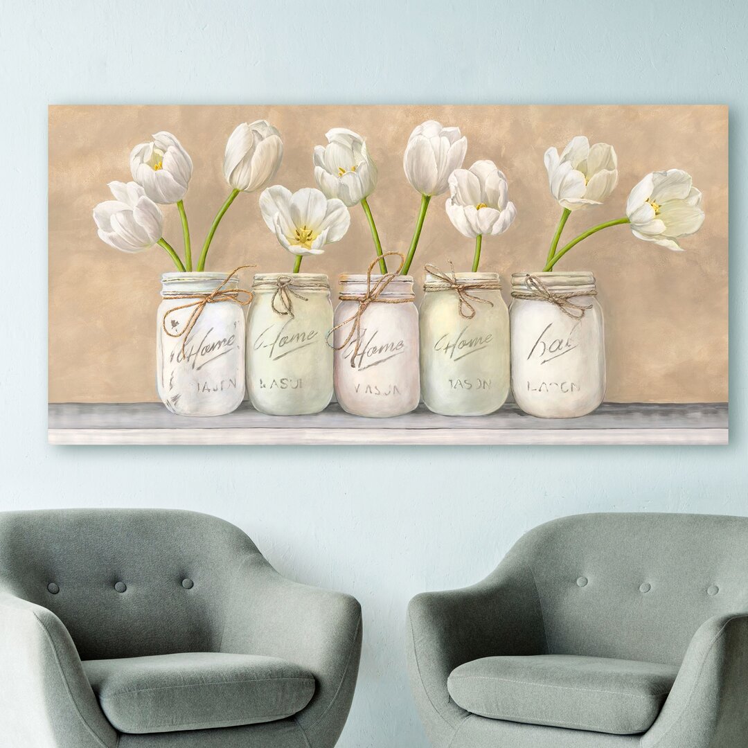 Leinwandbild White Tulips In Mason Jars von Jenny Thomlinson