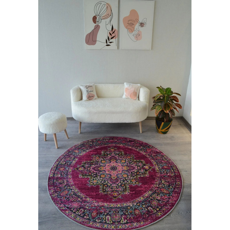 Fuchsia Pink Ethnic And Vintage Theme Woven Base Round Carpet Izmir, Round 4'