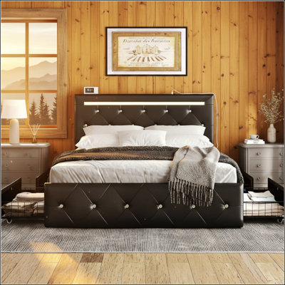 Queen Size Bed Frame With LED Light, Storage Drawers, And Adjustable Headboard, PU Upholstered With Diamond Crystal Buttons, Charging Station, Metal Frame, No Box Spring Needed, Black