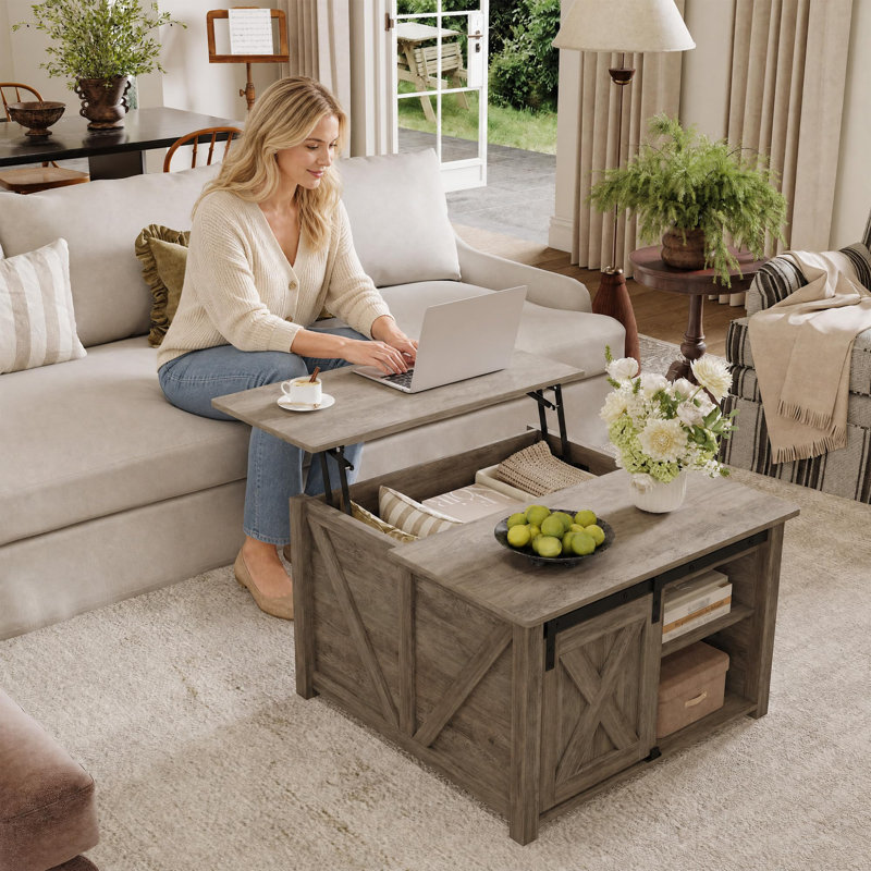 Table basse carrée de style ferme de 80 cm avec grand compartiment de rangement dissimulé, table centrale rustique aspect bois pour salon, grise