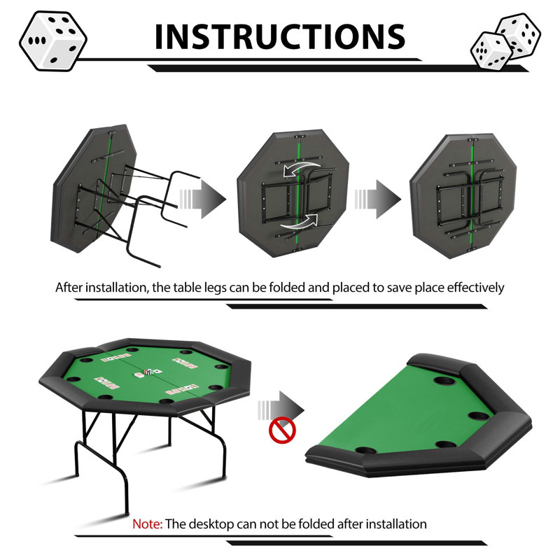 Table de poker octogonale pour 8 joueurs, pieds pliables et porte-gobelets, table de jeu de casino pour la soirée