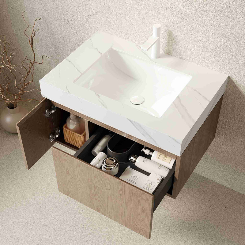 Meuble-lavabo de salle de bain avec plateau en pierre frittée, Marron clair, 30", Blanc de Carrare
