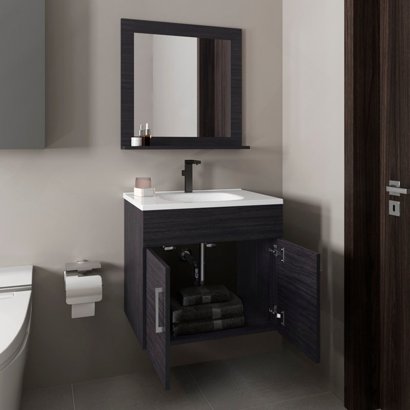 Bathroom Set, Vanity Sink + Mirror, 2 Doors, 1 Shelf, 1 Mirror, Black Wengue, Black