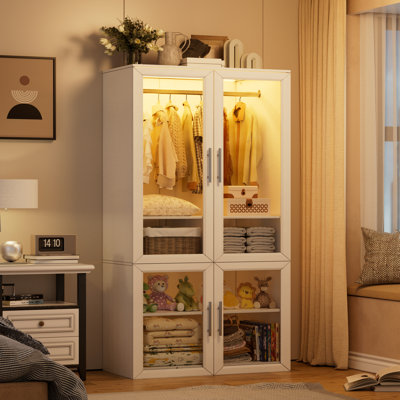 Armoire Wardrobe Closet Door, Bedroom Closet Wardrobe Cabinet With Hanging Rod, Lighted Freestanding Armoire Storage Cabinet