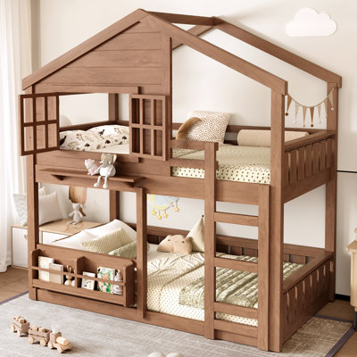 Twin Size Kids Loft Bed with Bookshelf, House-Style Design, Safety Rails, Sturdy Pine Wood, Space-Saving,Natural