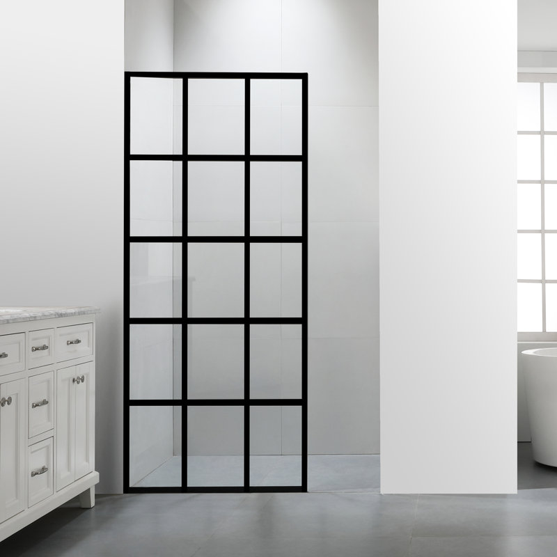 Cyrus 34" W x 72" H Grid Framed Glass Fixed Shower Panel with Frosted Heat Soak Tempered Glass and Protective Coating, Clear