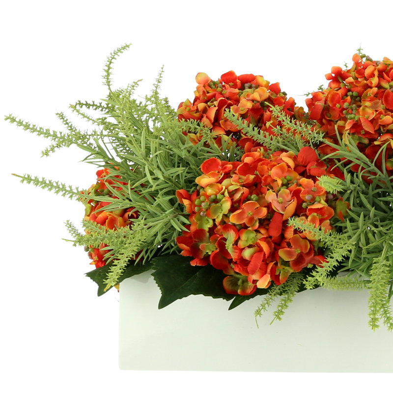 Arrangement de hortensias artificiels en polysilk en pot de fibres, Orange/vert