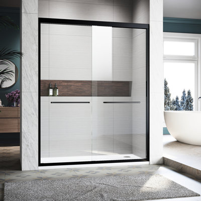 Porte de douche coulissante en verre 112-122 cm L x 183 cm H, semi-ouverte réglable, verre trempé transparent épais, poignées en acier inoxydable 304, noir. Dimensions : 122 cm x 183 cm H.