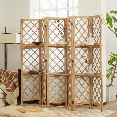  Paravent à 6 panneaux avec tablettes de rangement pliables avec cadre en bois de paulownia naturel et motif à losanges pour le salon, la chambre à coucher, le bureau et le blanc