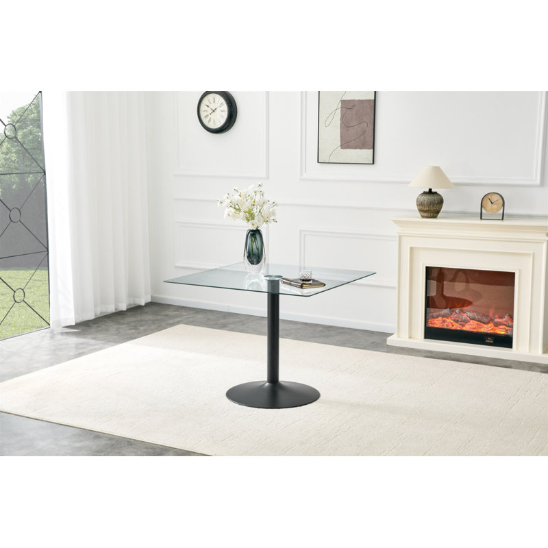 Table de salle à manger 38,5 pouces moderne minimaliste carrée en verre avec base en métal à une colonne. Disponible en noir, or ou argent. Table de salle à manger à domicile. Convient pour 2 à 4 personnes.