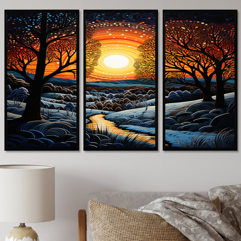 Coucher de soleil dans la forêt d'hiver de Noël - ensemble de décoration murale paysage abstrait, Cadre flottant noir