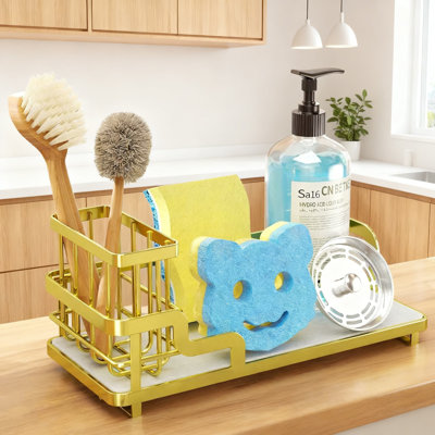 Kitchen Sink Sponge Holder With Diatomite Base, Detachable Brush Holder And Stainless Steel Organizer Rack For Countertop Or Sink
