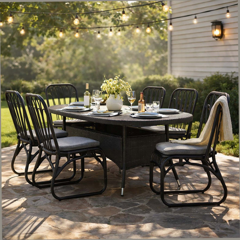 Ensemble de salle à manger d'extérieur en osier 7 pièces, table en rotin et chaises pour 6 pour terrasse, terrasse, porche, brun et noir