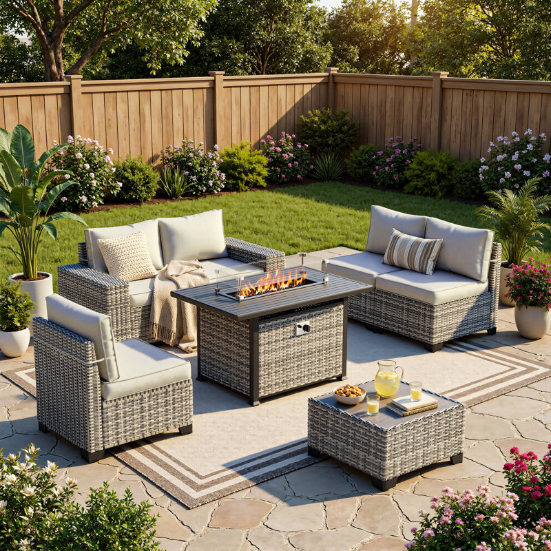 7-Piece HDPE Wicker Patio Sectional Set With Fire Pit Table, Cushioned Outdoor Conversation Set, Beige