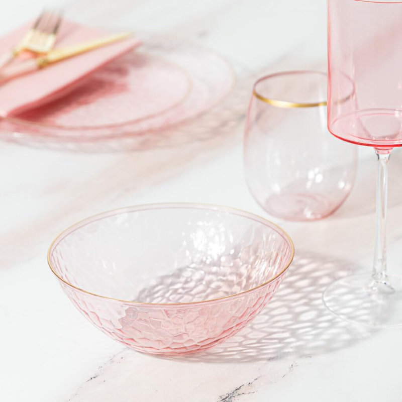 Bols ronds en plastique martelé rose 12 oz avec bordure dorée EcoQuality,  240 invités
