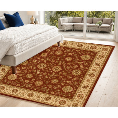 Tapis intérieur en velours antidérapant à bordure florale orientale traditionnelle, bourgogne, rouge et beige. Décoration décorative de sol pour salon, chambre, salle à manger, couloir, bureau.