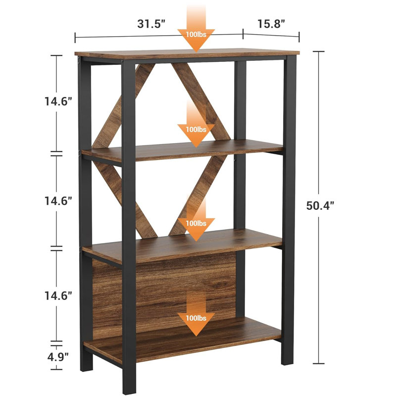 1 Pb+iron Back Strip With Light Bookshelf, Four Layers Retro Colour, (4 Shelves) 37.99"H x 7.87"W x 18.9"D, Grey