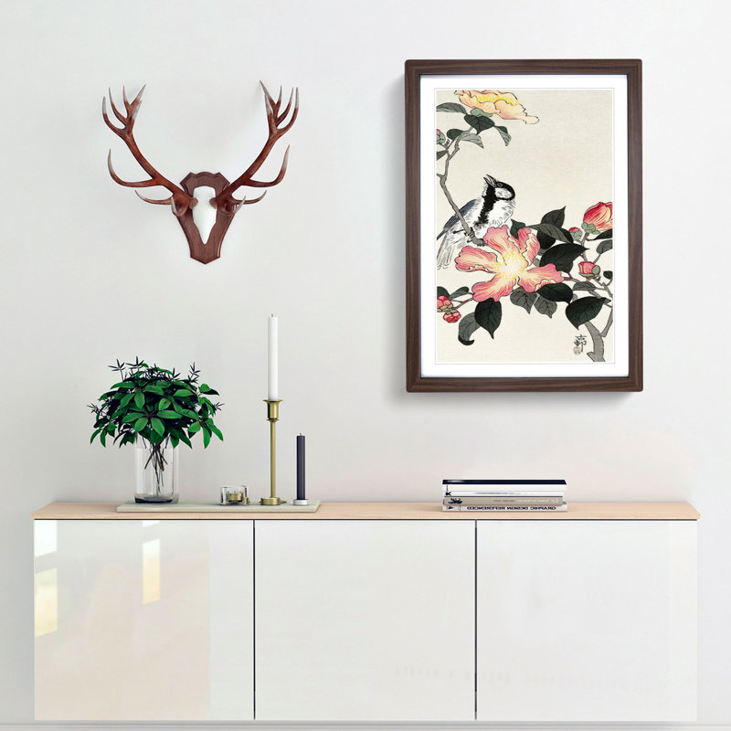 Great Tit on a Branch by Ohara Koson - Picture Frame Painting Print, 48cm H x 36cm W x 2cm D, Walnut Framed