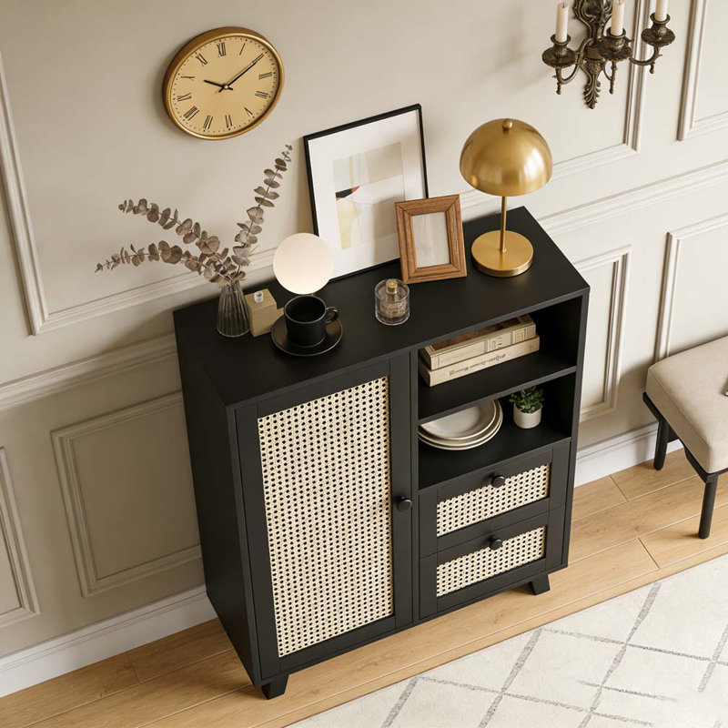 Buffet en rotin avec tablette réglable, Noir