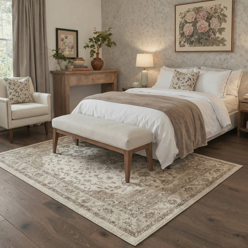 Roehit Floral Machine Washable Beige/Brown Indoor Oriental Performance Area Rug with Non-Slip Backing, Rectangle 5' x 7'