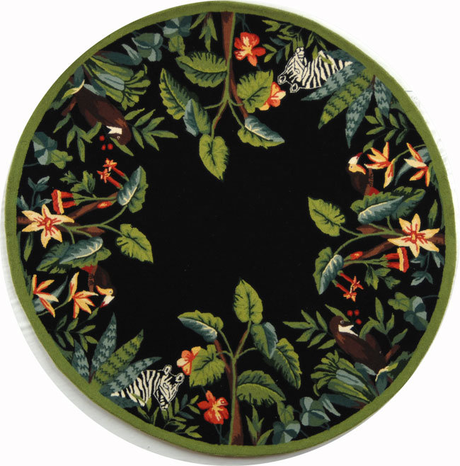 Handmade Round Black and Green Wool Floral Area Rug 66"