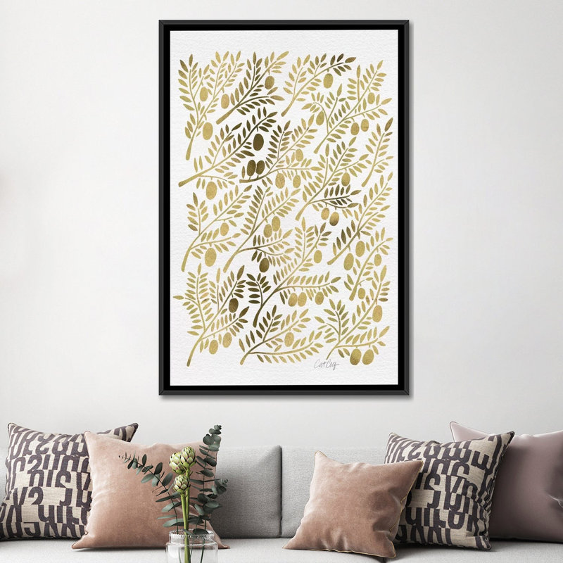 « gold branches branches », impression sur toile tendue, H 26 po x l 18 po x P 1,5 po, Toile avec cadre noir, Pas de tapis