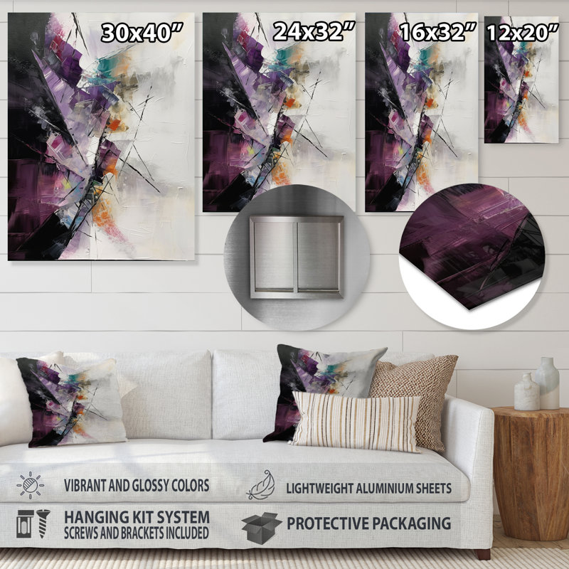 Purple Language Of Lines I - Abstract Geometric Metal Printed Art, 20" H x 12" W x 1" D