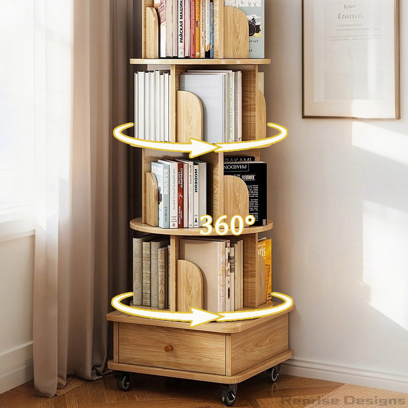 360° Display Round Spinning Rotating Bookshelf with Wheels and Drawer, (5 Shelves) 55.91"H x 18.11"W x 18.11"D, Oak