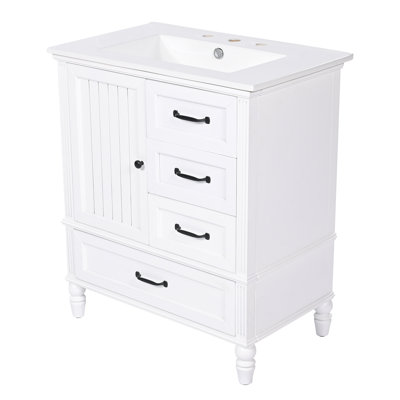 30" Bathroom Vanity With Sink, Bathroom Cabinet With A Door, Three Drawers, Solid Wood Legs & MDF Board, Adiustable Foot Pads