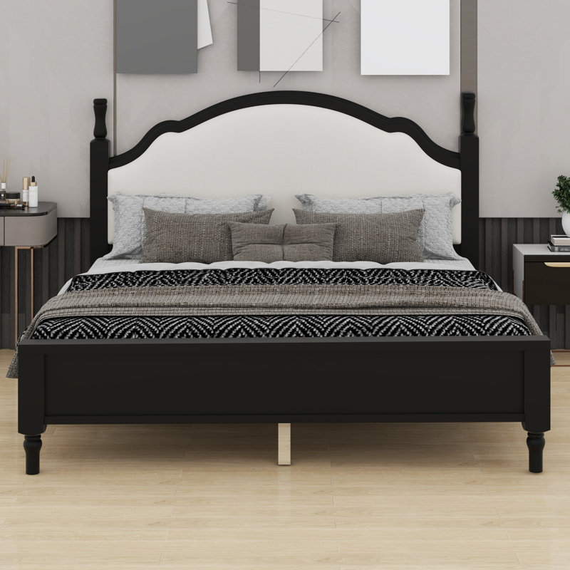 Lit plateforme en bois de style simple avec tête de lit tapissier élégante, Beige + noir