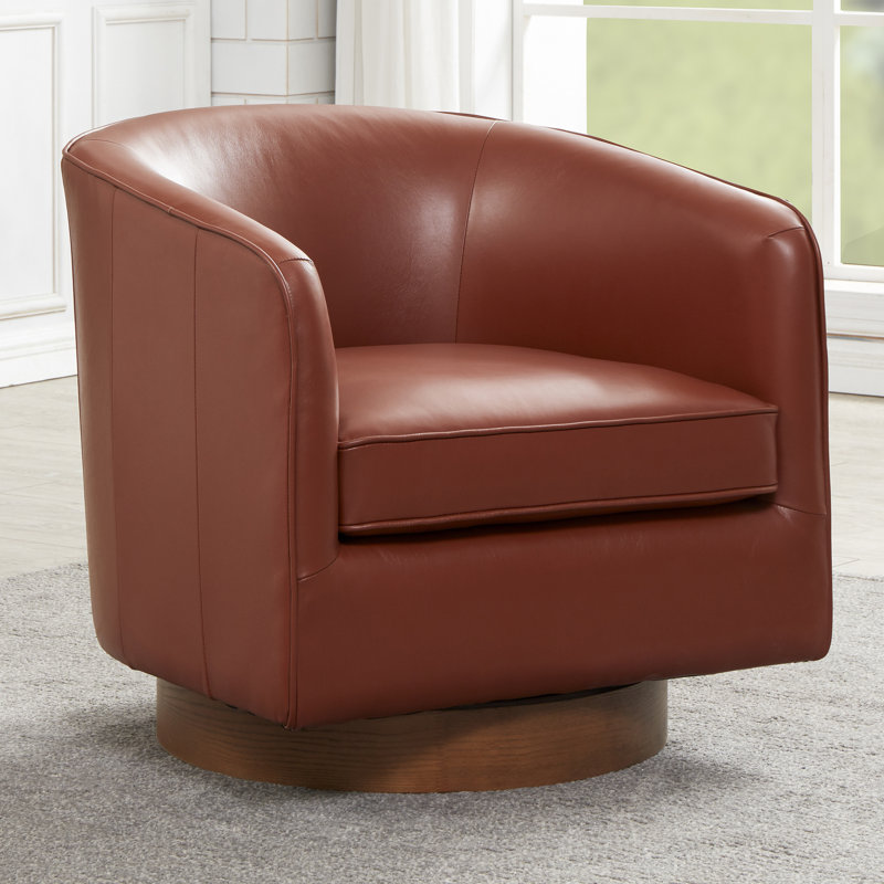 Bheema 28.5" W Top Grain Leather Swivel Barrel Chair, Caramel Genuine Leather