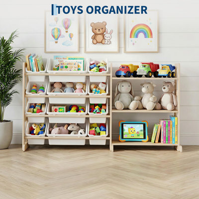 Rangement pour jouets d'enfants, 12 bacs et 3 étagères, bois massif, 142 cm de large