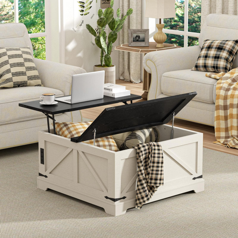 Table basse à plateau relevable avec rangement, Blanc/Noir, H 17,1 po x L 28,8 po x l 28,8 po