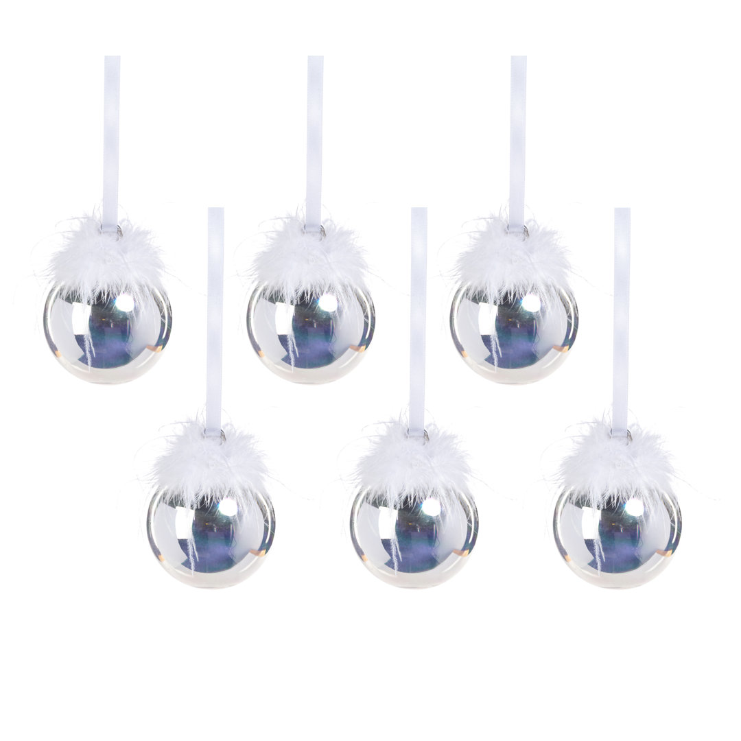 6-Piece Set Luster Glass Ball Ornaments with Feather Design Everly Quinn 