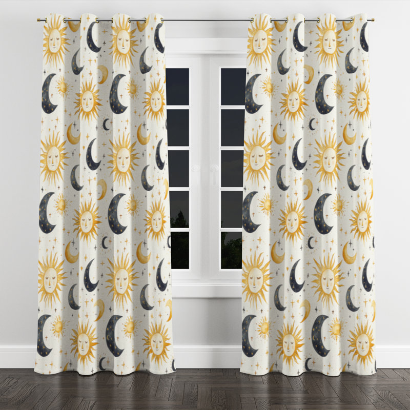 Boho Velvet Curtains - Starburst Sun Moon Grommet Curtain - 1 Panel, Gold Grommets, 52" W x 108" L