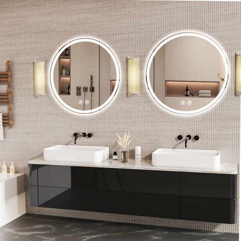 Gaulrapp Frameless Rounded Anti Fog LED Lighted Dimmable Wall Mounted Bathroom Vanity Mirror, 32" x 32"