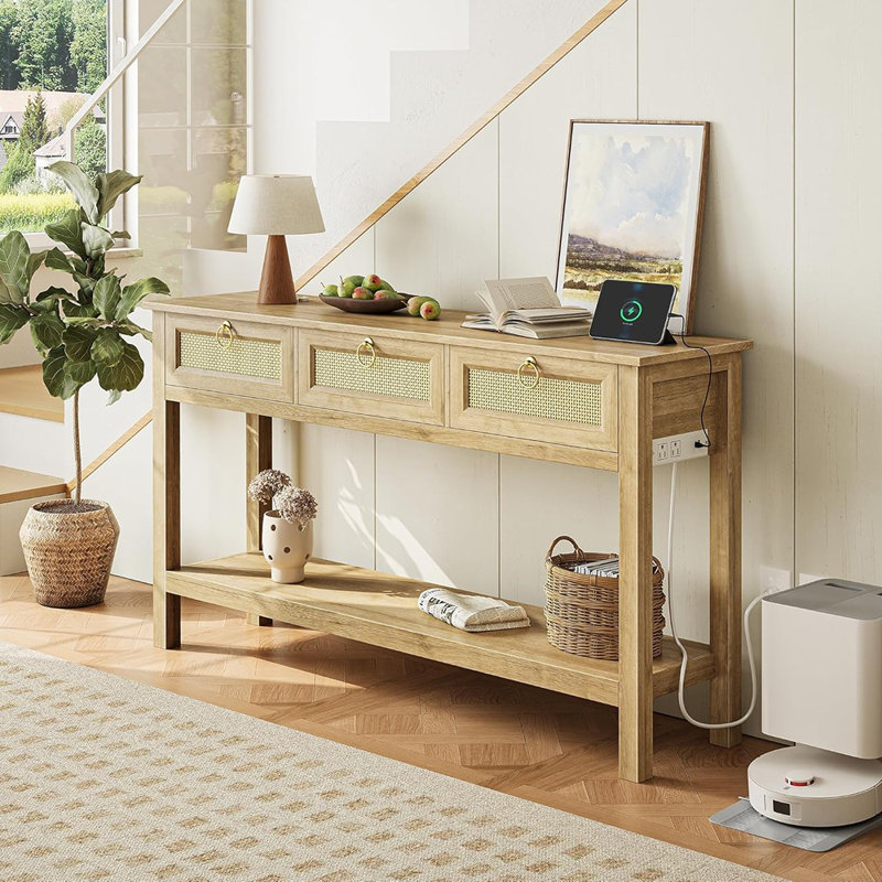 Console à console avec prises et port USB, table d'entrée à 3 tiroirs avec surface en rotin synthétique