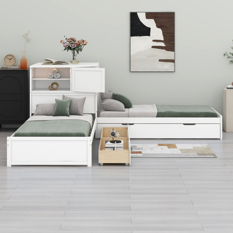 Structure de lit en L avec lit gigogne et tiroir, lit plateforme d'angle bas 3-en-1 avec bureau intégré, Blanc