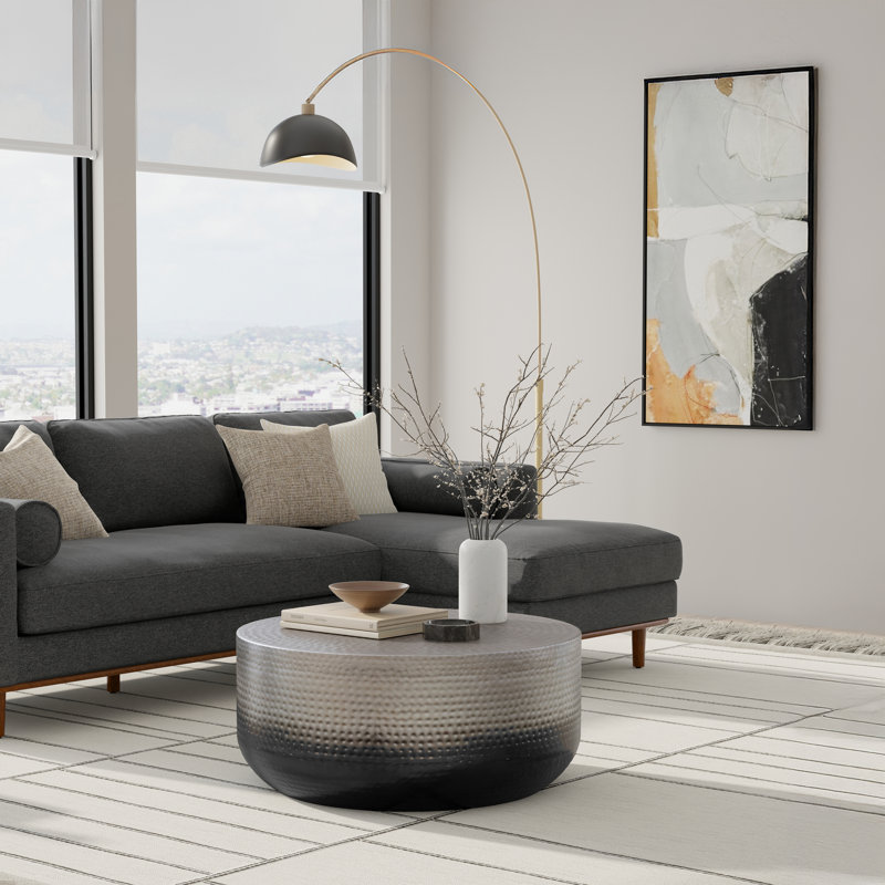 Nova 36"W Round Boho Metal Coffee Table With Hand-Hammered Detailing And Silver Ombre Finish, Assembled