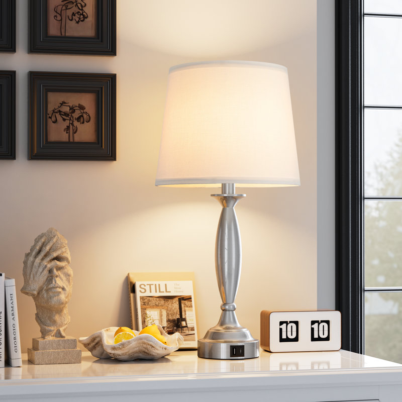 23'' Modern Metal Table Lamp Set with Touch Control and USB A&C, White Shade & Silver Base