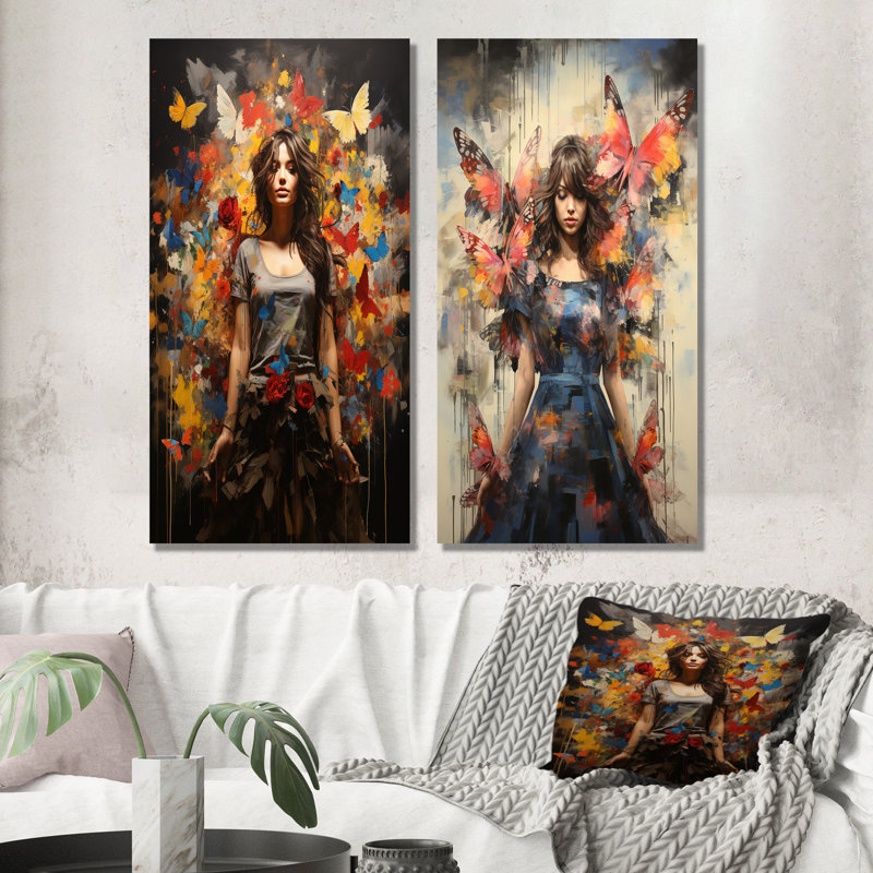 «Hippie Woman Renaissance Botanicals I - Abstract Popart», ensemble de 2 reproductions sur toile, Toile tendue
